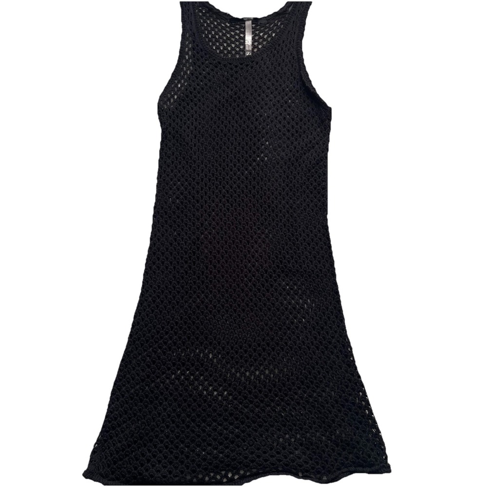 Kensie Crochet Dress Women L Black Mesh Sleeveless Sheer Beach Coverup Boho 70s
